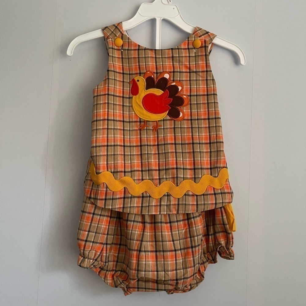 𝅺NEW Lil Cactus Brown Orange Plaid Turkey Criss-cross Back Top and Bloomer Set